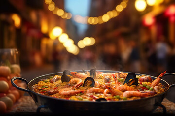 a delectable seafood paella in a traditional pan. generative AI