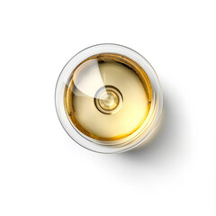 A sophisticated glass of white wine top view, isolated on a white background, created by Generative AI.