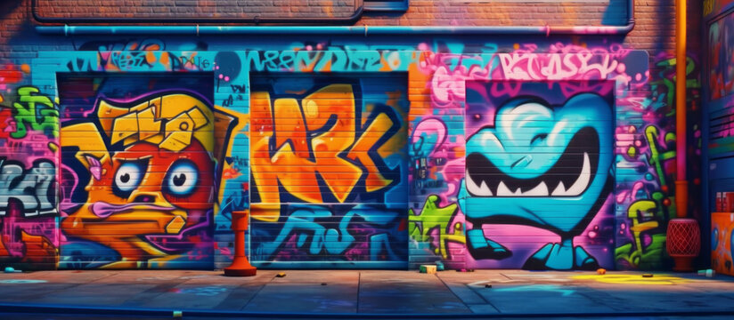 An urban streetscape spraypainted with graffiti. Inner city environment. Generative AI.