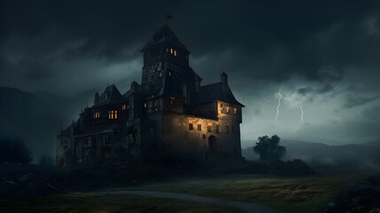 Naklejka premium view of old creepy castle during storm ,generative ai