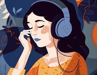 Young caucasian brunette woman in big headphones created with Generative AI