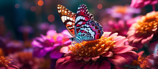 Fototapeta na wymiar Macro photo of a dazzling brightly coloured butterfly showcasing nature's radiant colors. Generative AI