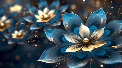 Blue and gold abstract flower background, Generative AI