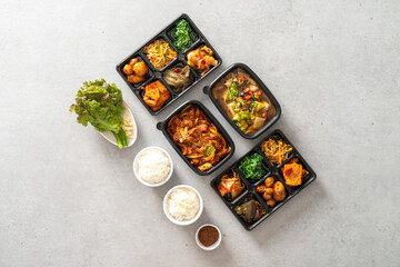 Fototapeta na wymiar Chicken Stew Korean food dish Duck Bulgogi stir-fried spicy pork doenjang stew bean paste stew