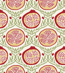 Seamless sweet pattern of pomegrante fruits among green vines and red flowers, showing cross section of pomegranate fruit with the jewel like seeds.  Great for clothing, accessories, wallpaper, home 