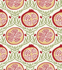 Seamless sweet pattern of pomegrante fruits among green vines and red flowers, showing cross section of pomegranate fruit with the jewel like seeds.  Great for clothing, accessories, wallpaper, home 