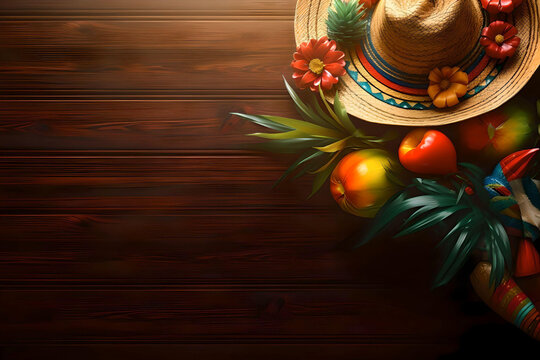 Cinco de Mayo holiday background. Mexican party sombrero hat and flowers on a wooden background. Generative AI illustration
