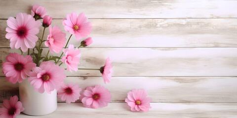 Fototapeta na wymiar Flowers composition for Valentines, Mothers or Womens Day. Pink flowers on old white wooden background. Place for your text, copy space, empty space, Generative AI