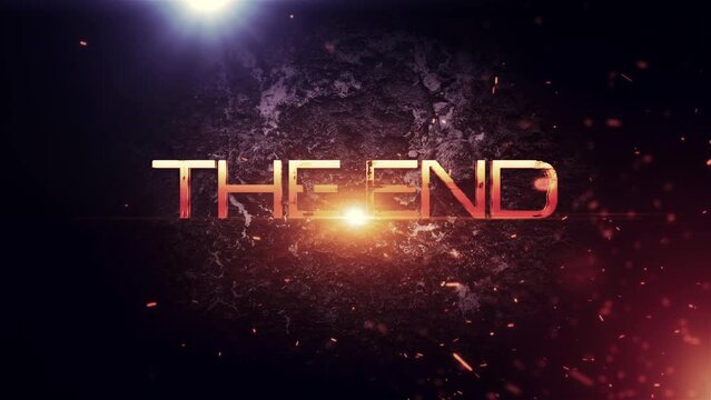 The End gold text motion flare effect grunge futuristic hitech cinematic trailer title background with fire burst and gold particles animation abstract background