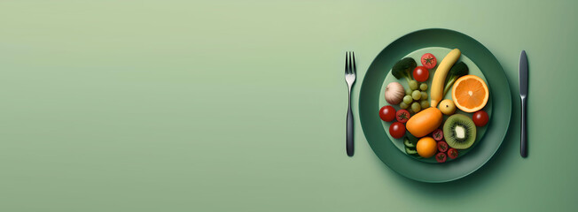 healthy food on the plate, Orange background, Place for your text, Generative AI