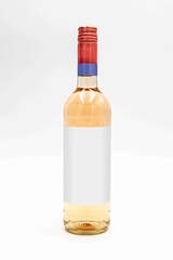 A bottle of white wine with a blue cap and a red top.