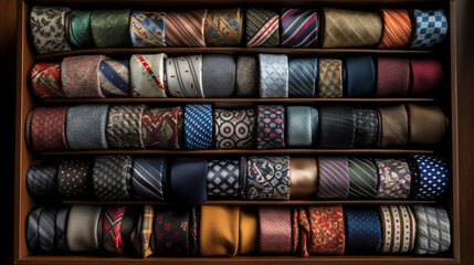 a tie collection, carefully arranged in a drawer. generative AI