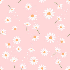 Seamless pattern with daisy garden on pink background vector. Cute floral print.