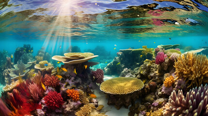 a vibrant coral reef beneath the crystal clear ocean surface. generative AI