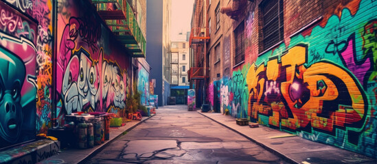 An urban streetscape spraypainted with graffiti. Inner city environment. Grungy alley. Generative AI. - obrazy, fototapety, plakaty
