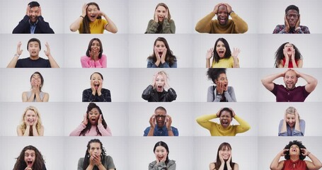 Diversity, people with surprised face and against a grey background. Human emotions or expressions, collage or portrait and multicultural group with emoji or shocked faces in a studio backdrop - Powered by Adobe