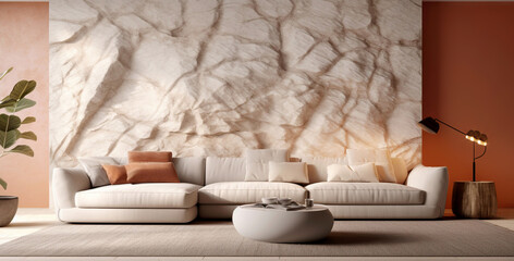 Fototapeta na wymiar Stone textured paneling wall in room with beige sofa. Interior design of modern minimalist living room. Created with generative AI