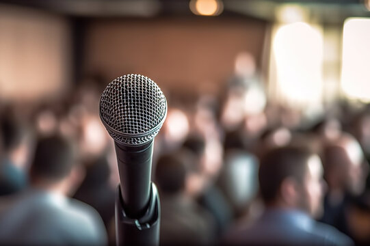 A Microphone in Front of a Conference Seminar Audience. created with Generative AI