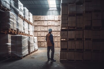 Worker stand at warehouse in warehouse distribution center environment. Generative AI