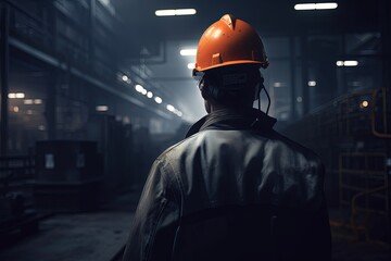 Fototapeta na wymiar The worker is wearing a protective helmet and stand of a steel factory look at the manufacturing process, rear view on the head. Generative AI