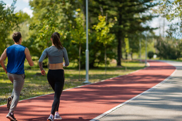 Fototapeta premium Fit couple running on a sports track in the park