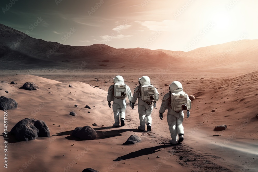 Wall mural groups of astronomy and astronauts exploring planets in outer space, made with generated ai