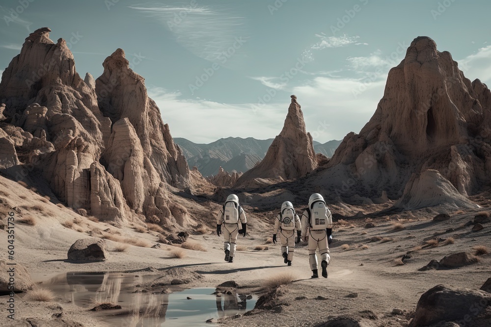 Wall mural groups of astronomy and astronauts exploring planets in outer space, made with generated ai