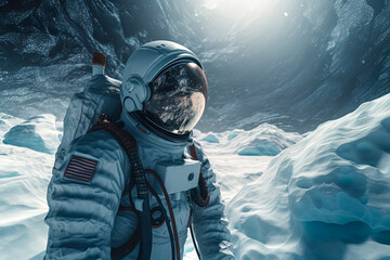 An astronaut standing on a glacier on an icy planet. Generative AI