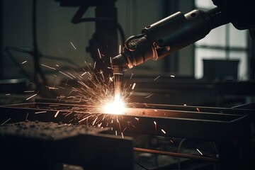 Worker is welding using mig mag welder constructions in the factory. Generative AI