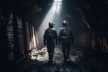 Coal miners walking through the tunnel in a mine. Generative AI - obrazy, fototapety, plakaty