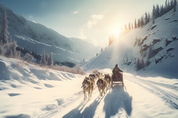 Musher hiding behind sleigh at sled dog race on snow in winter. Generative AI