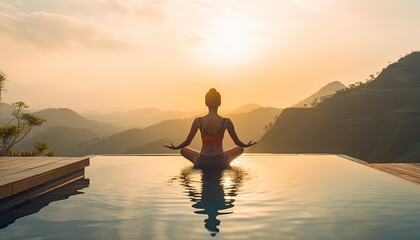 Woman practice yoga Lotus pose on the pool above the Mountain peak in the morning in front of beautiful nature views. Generative Ai