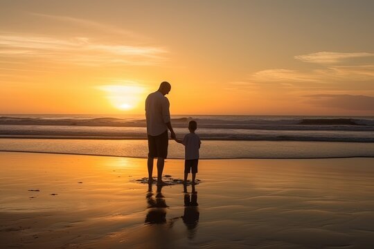 Silhouettes of father and son on sunset sea background. Generative AI