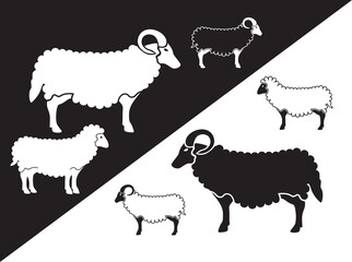 sheep icon vector, black and white image. ewe and ram silhouette.