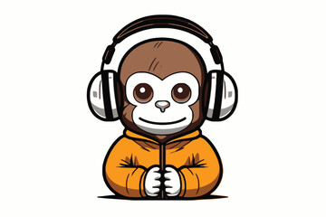 cute monkey wearing headphones and listening to music, cartoon vector illustration