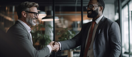Successful Partnership: Two Businessmen Shaking Hands and smiling. Generative AI