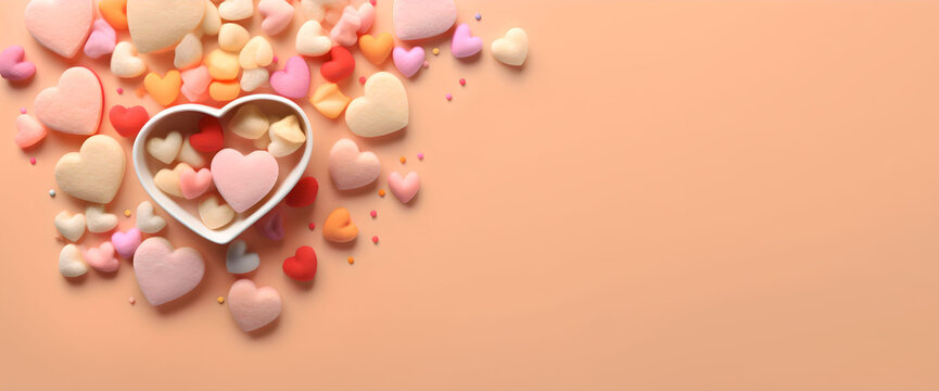 Fototapeta Valentine's Day celebration concept. Top view photo of heart-shaped saucers with confectionery cookies jelly candies inscriptions love and confetti on beige background with blank space, Generative AI