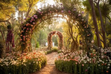 Fototapeta premium Wedding arch decoration, path in the park