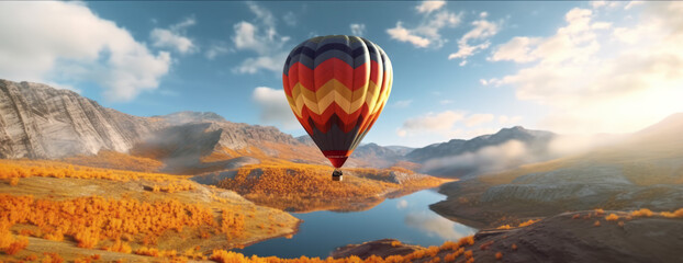 Hot air balloon flying over a serene and tranquil landscape. Generative AI