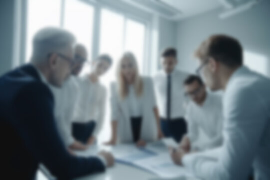 Blurred image of a group of people managers negotiating in the office, AI generated interior for business presentation background