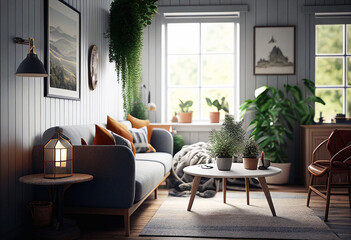 Scandinavian style living room. Scandinavian style living room with plants. Real estate. Real estate agent. Home staging