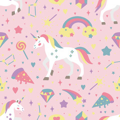 Hand drawn seamless vector pattern with cute unicorns, stars, hearts, diamonds. Perfect for fabric, wallpaper, wrapping paper or nursery decor.