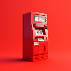 ATM machine on a red background. Generative AI.