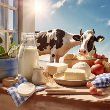 Dairy products next to a cow. Generative AI.