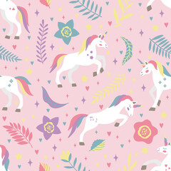 Seamless vector pattern with cute unicorns on a floral background. Ideal for textiles, wallpapers or prints.