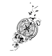 Compass with ocean waves and birds