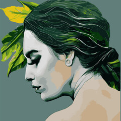 Vector illustration of profile portrait of a mysterious woman with green hair on a background of leaves, unity with nature, ecology, packaging ,isolated