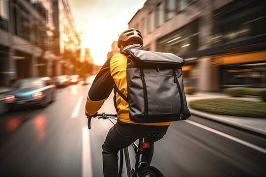 Urban Express: Delivery Rider Cycling Through the City with Backpack, created with Generative AI