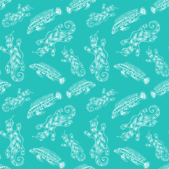 Vector seamless patern with salamander and fish. Ethnic folk ornament.Lizard background