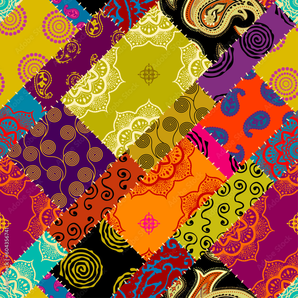 Poster Textille patchwork pattern. Seamless Vector image. Bright tribal patchwork.